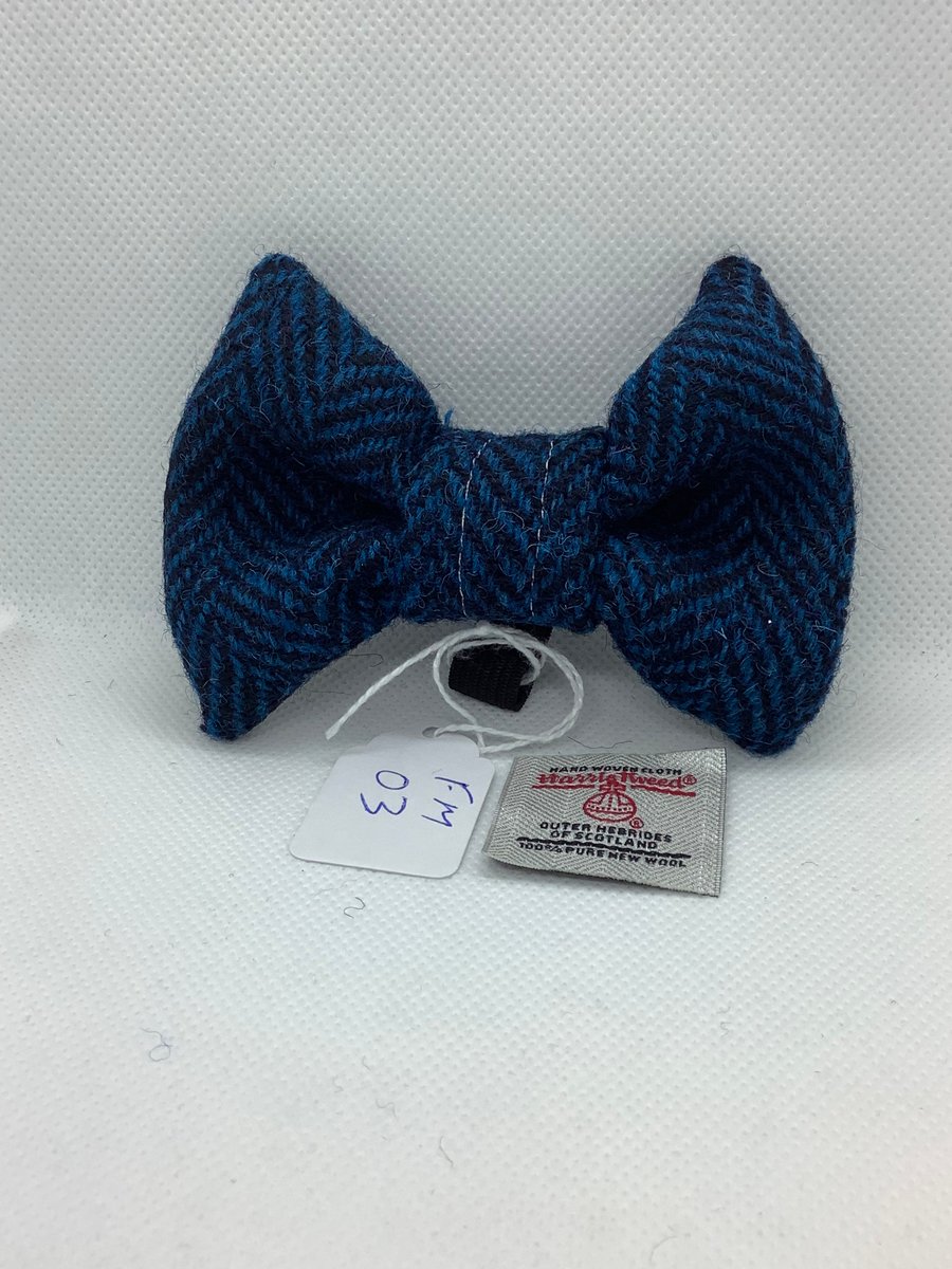 Harris Tweed Dog Bow Tie, Blue and Black Herringbone  ,over the collar bow tie