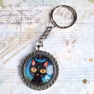 Quirky Black Cat Keyring No 1, cute image in pendant tray, under glass cabochon