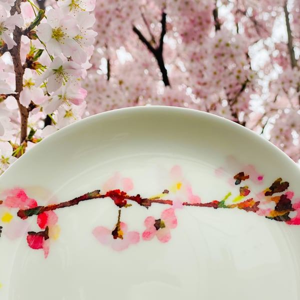 Cherry Blossom Bone China Plate and matching card 20.5cm in watercolour style