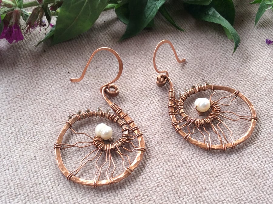 Vintage Style Copper Wire Wrap Spiral Crystal Earrings FREE POST