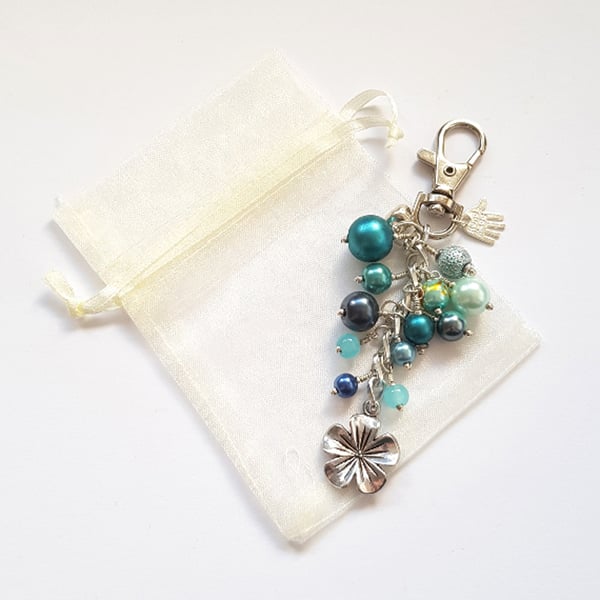 Blue Beaded Bag Charm with Silver Flower - Turquoise Aqua Handbag Clip