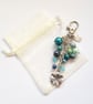 Blue Beaded Bag Charm with Silver Flower - Turquoise Aqua Handbag Clip