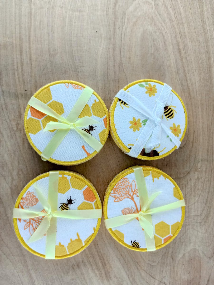 Bee Coasters a set of 6 bee coasters in bright yellow fabric with felt backing