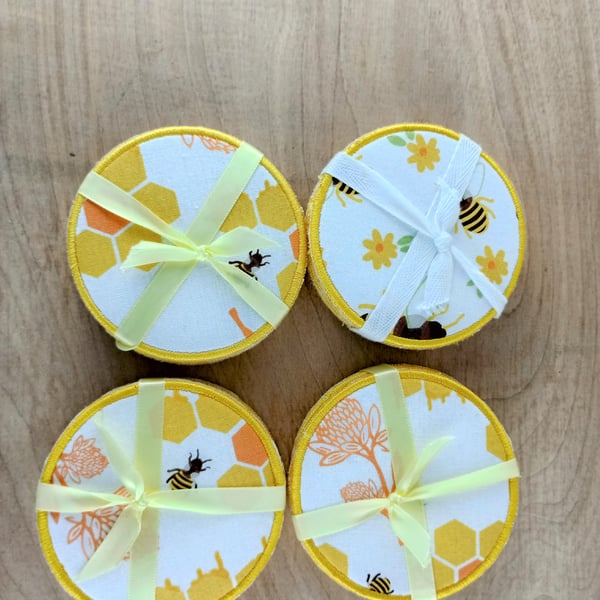 Bee Coasters a set of 6 bee coasters in bright yellow fabric with felt backing