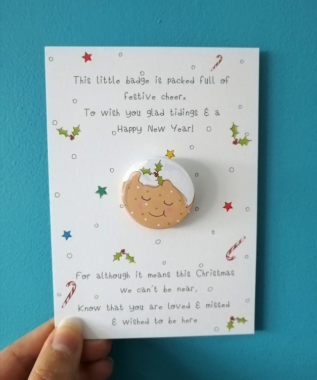 Across the Miles Christmas Postcard, xmas pudding badge, family across the miles
