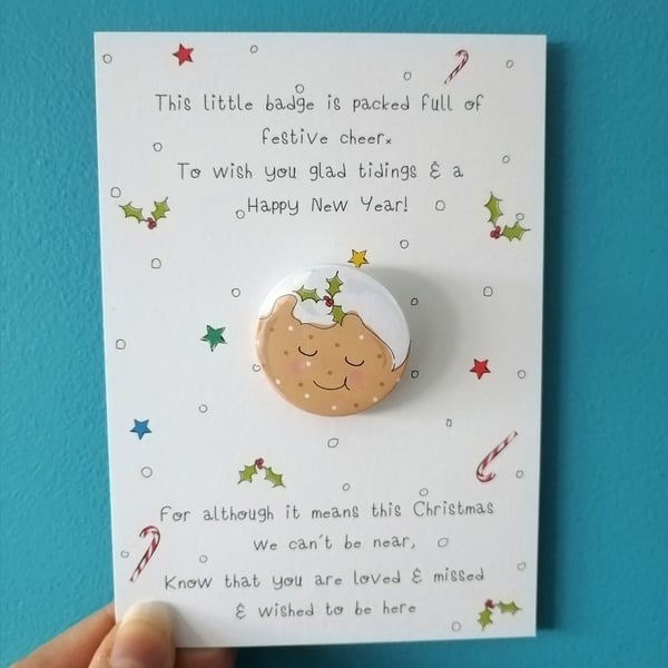 Across the Miles Christmas Postcard, xmas pudding badge, family across the miles