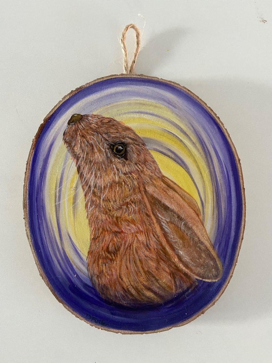 Moon Gazing Hare handpainted wood slice 