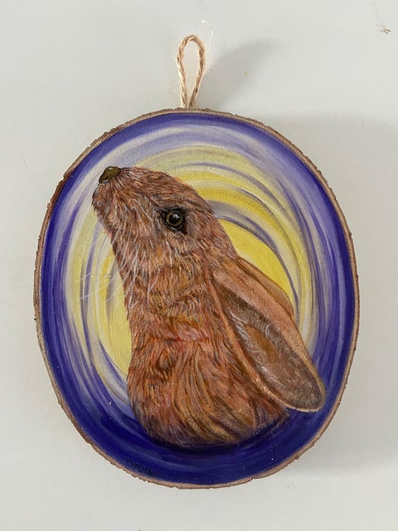 Moon Gazing Hare handpainted wood slice 