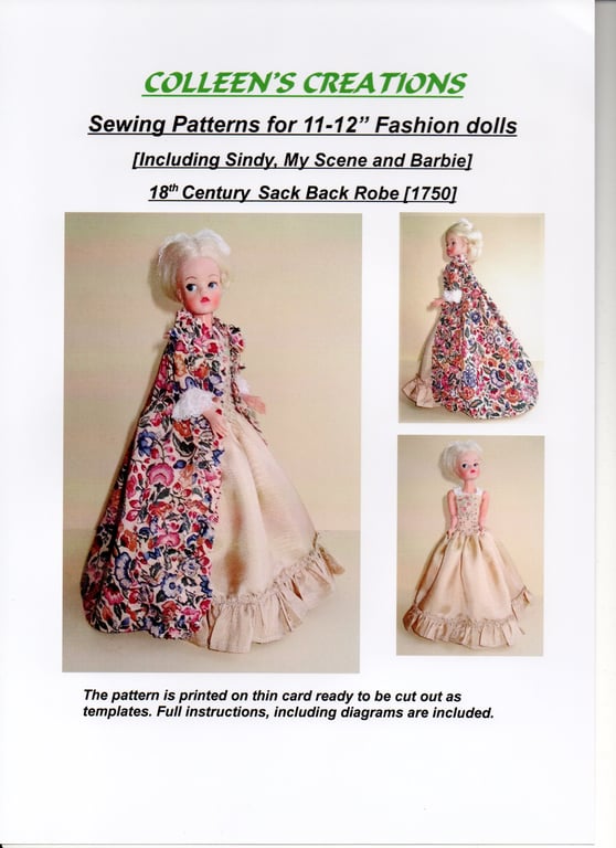 Sewing Pattern for 11-12"Fashion doll, 18th Century Sack Back Robe, 1750