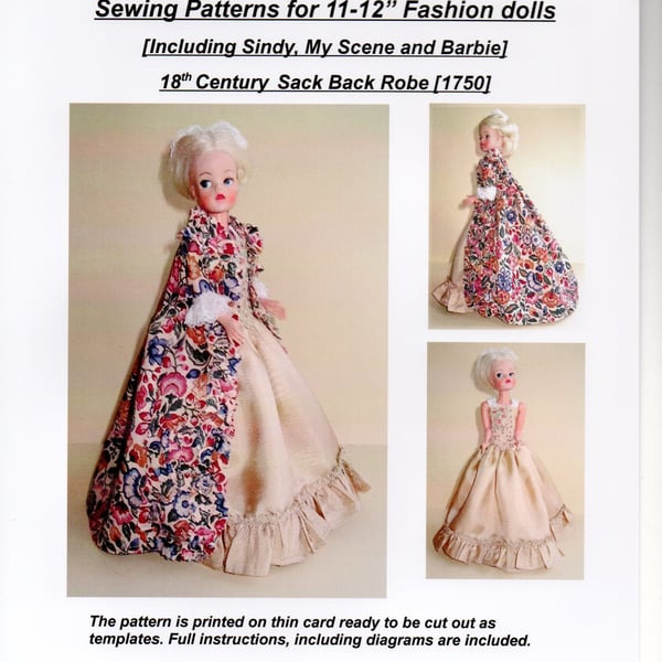 Sewing Pattern for 11-12"Fashion doll, 18th Century Sack Back Robe, 1750