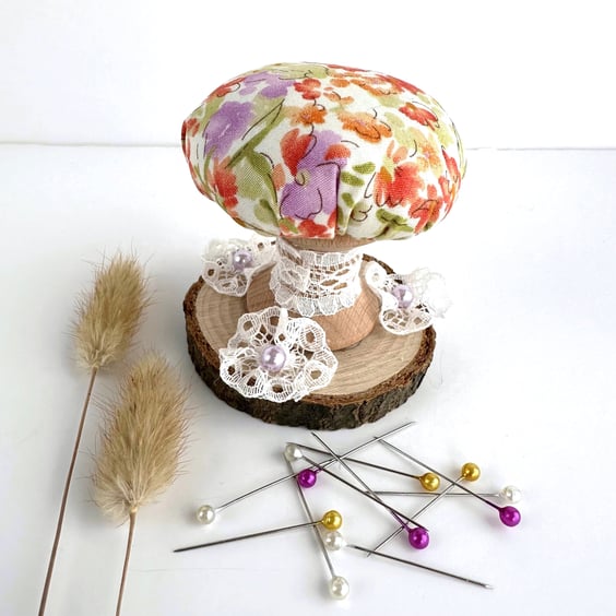 Mushroom Pin Cushion with Floral Pattern