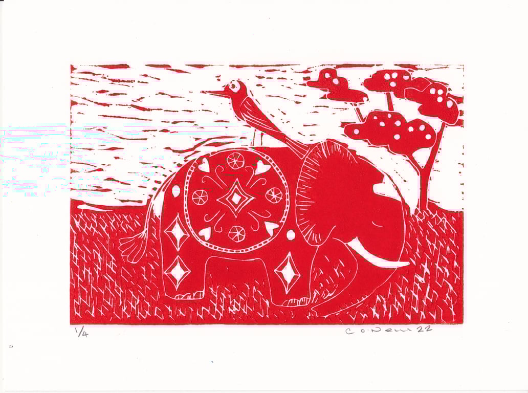 Elle the Elephant  and Friend - Lino print in red ink - 