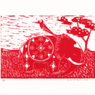 Elle the Elephant  and Friend - Lino print in red ink - 