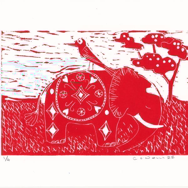 Elle the Elephant  and Friend - Lino print in red ink - 