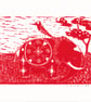 Elle the Elephant  and Friend - Lino print in red ink - 