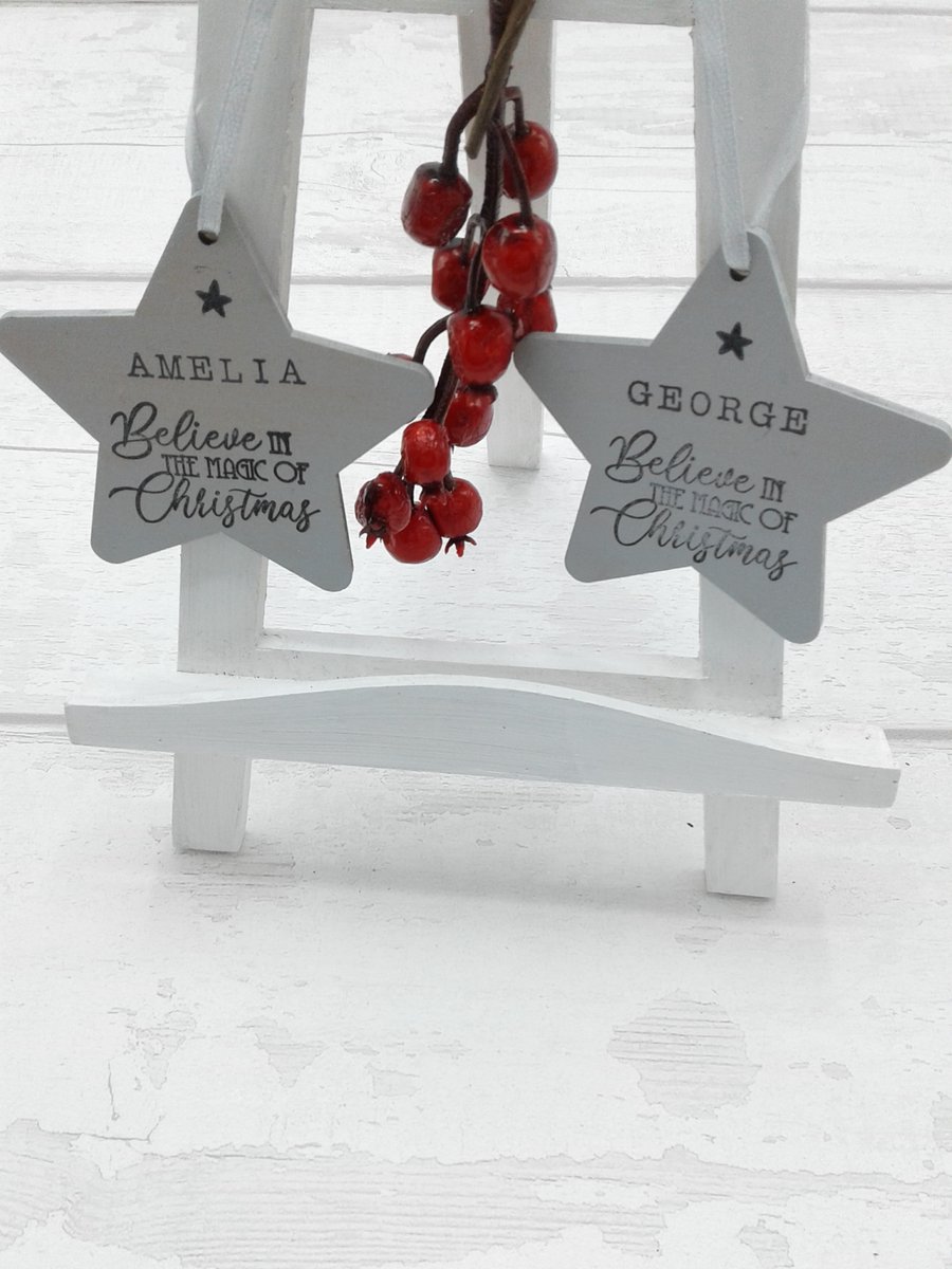 Personalised Christmas decoration. Tree decoration. Wooden star.