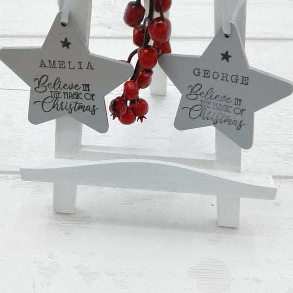 Personalised Christmas decoration. Tree decoration. Wooden star.