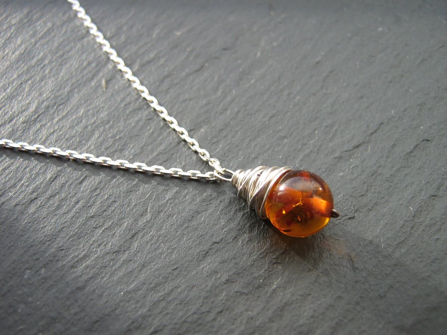 Amber Wire Wrapped Pendant Necklace