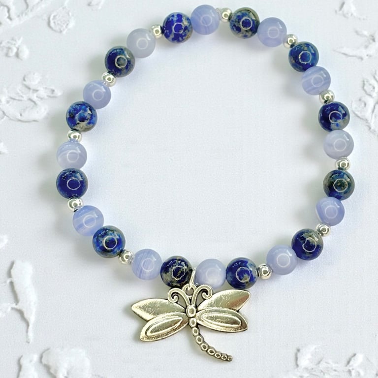 Dragonfly Lapis Lazuli & Blue Lace Agate Stretch Bracelet