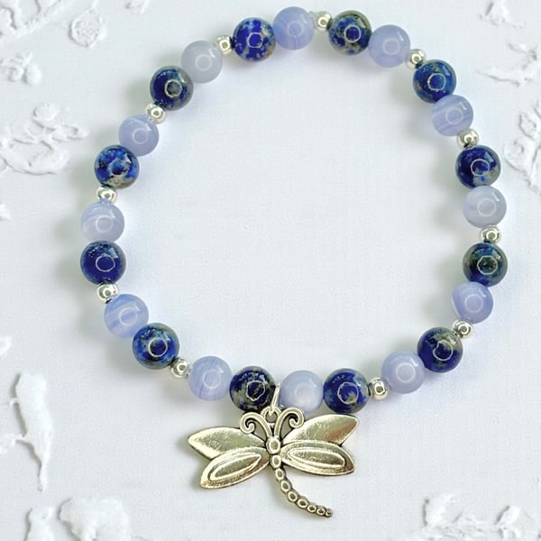 Dragonfly Lapis Lazuli & Blue Lace Agate Stretch Bracelet