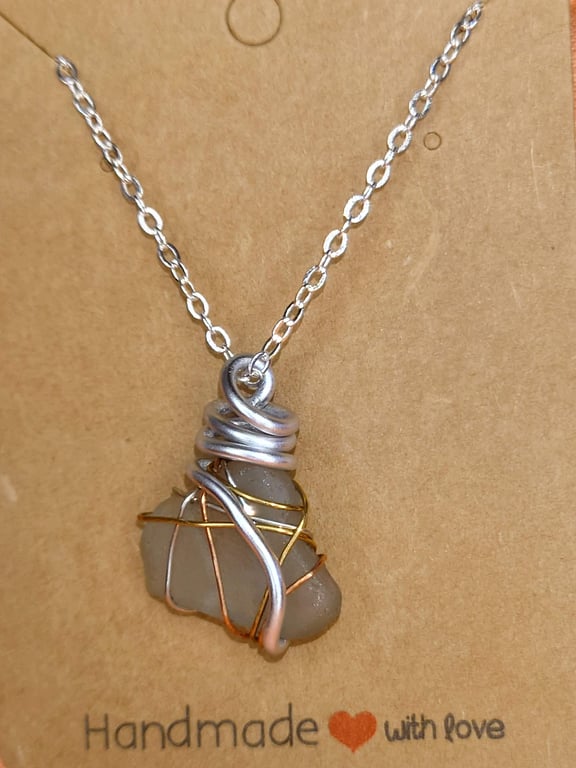 Frosted White Seaglass Necklace – Handmade Wire Wrapped Pendant