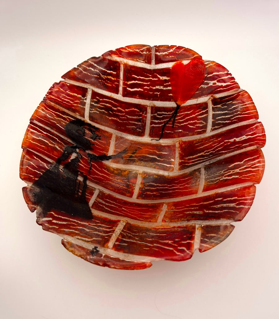 Unique Handmade Fused Glass Bowl "Banksy Was Here"