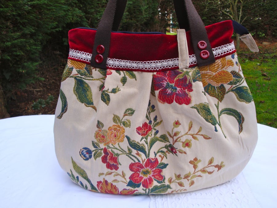 Tapestry and Velvet Handbag - zip closure .