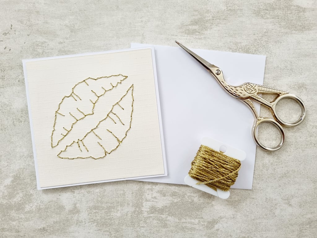 Lips Hand Stitched Gold Card
