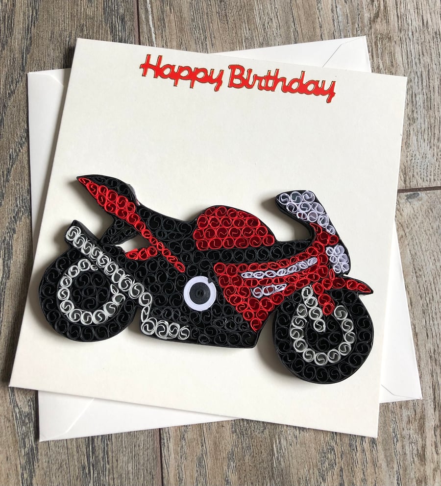 Handmade quilled motorcycle birthday card