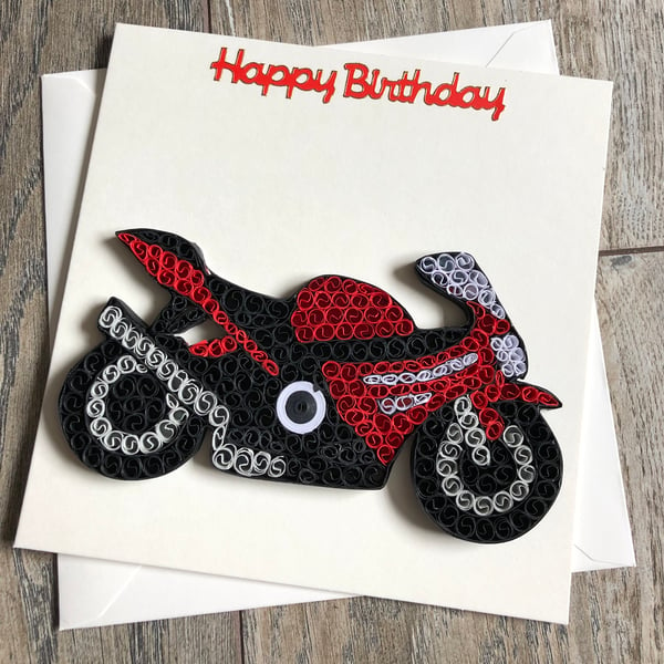 Handmade quilled motorcycle birthday card