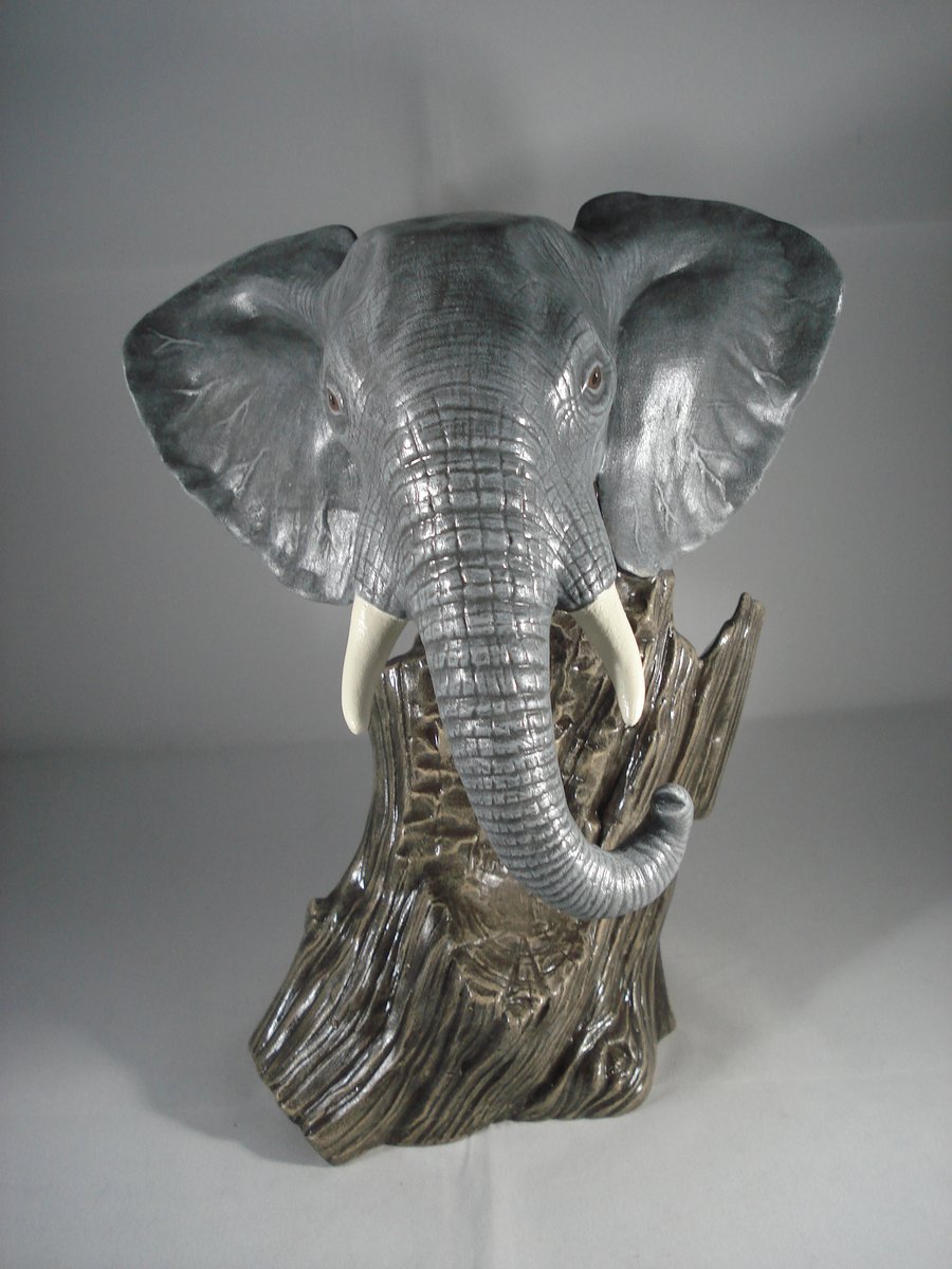 Ceramic Grey Elephant Animal Brown Driftwood Figurine Ornament Decoration.