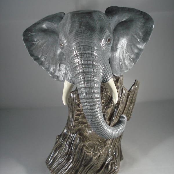 Ceramic Grey Elephant Animal Brown Driftwood Figurine Ornament Decoration.