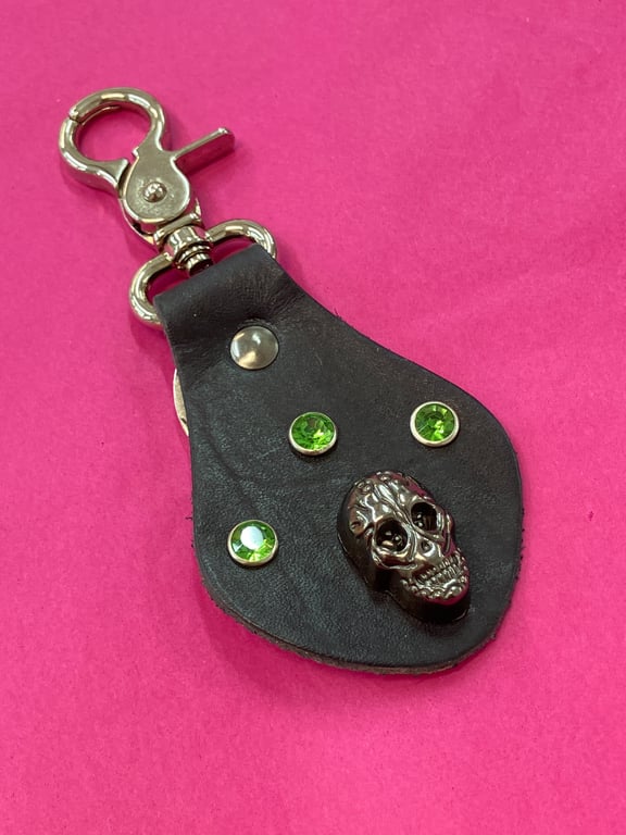 Black Leather Keyring with Skull head and 3 Green Gemstones