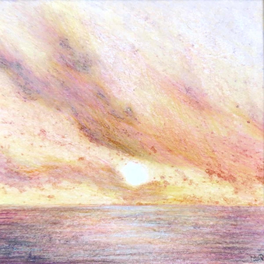 Original mixed media sunset over the sea mounted and ready to frame art
