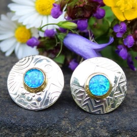 Sterling silver Opal ear studs, round, blue opal, handmade, gemstone choice