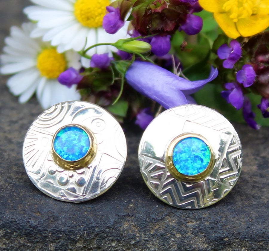Sterling silver Opal ear studs, round, blue opal, handmade, gemstone choice