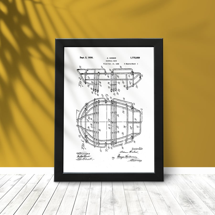 Baseball mask patent drawing print