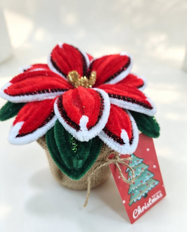 Small Handmade Poinsettia in Burlap Pot  Everlasting Christmas Flower Gift 
