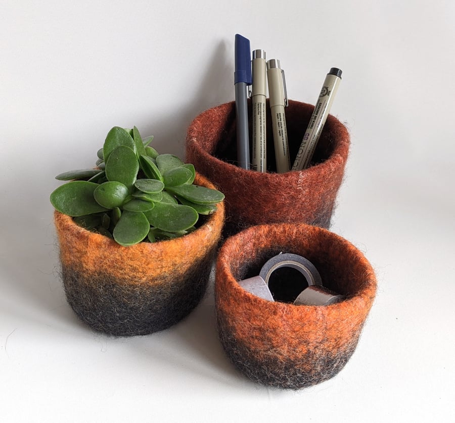 Trio of nesting wool felt pots - grey and oranges