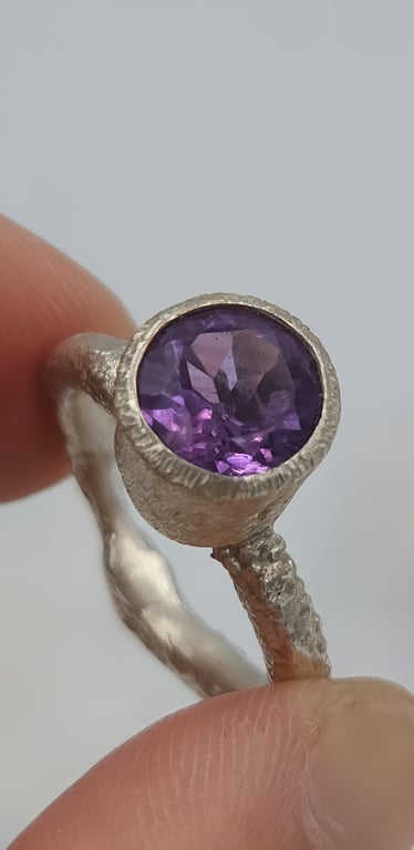 Forged Silver Ring with Faceted Purple Amethyst