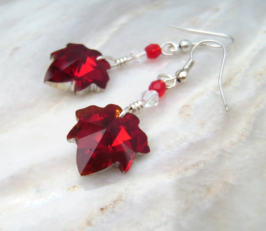 Red Crystal Leaf Earrings