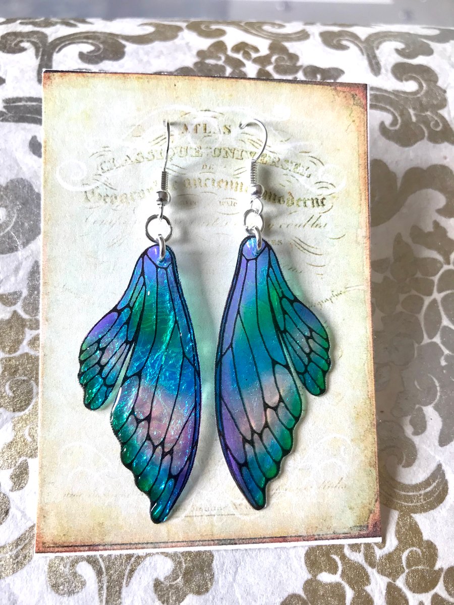 Iridescent Blue and Green Double Fairy Wing Earrings Sterling Silver