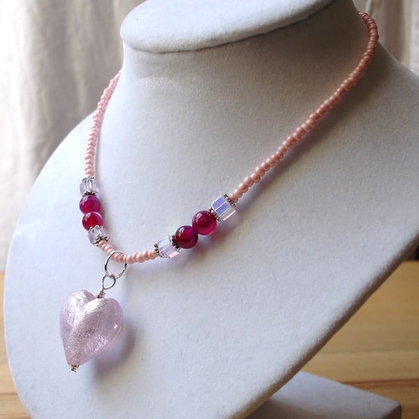 Pink Heart Glass Bead Pendant