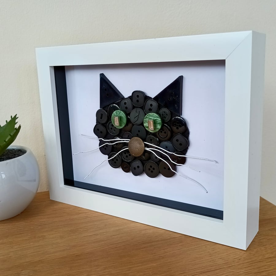 Cute Black Cat Face 3D Button Art 6" x 8" 