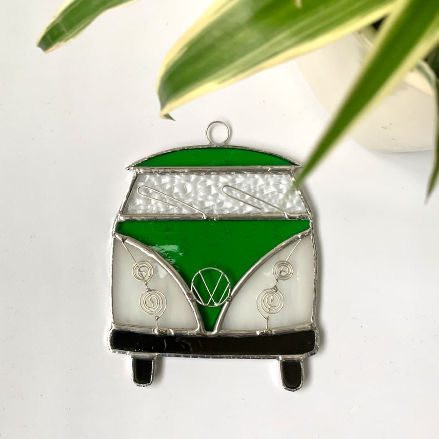 Stained Glass Camper Van Suncatcher - Handmade Decoration - White and Green