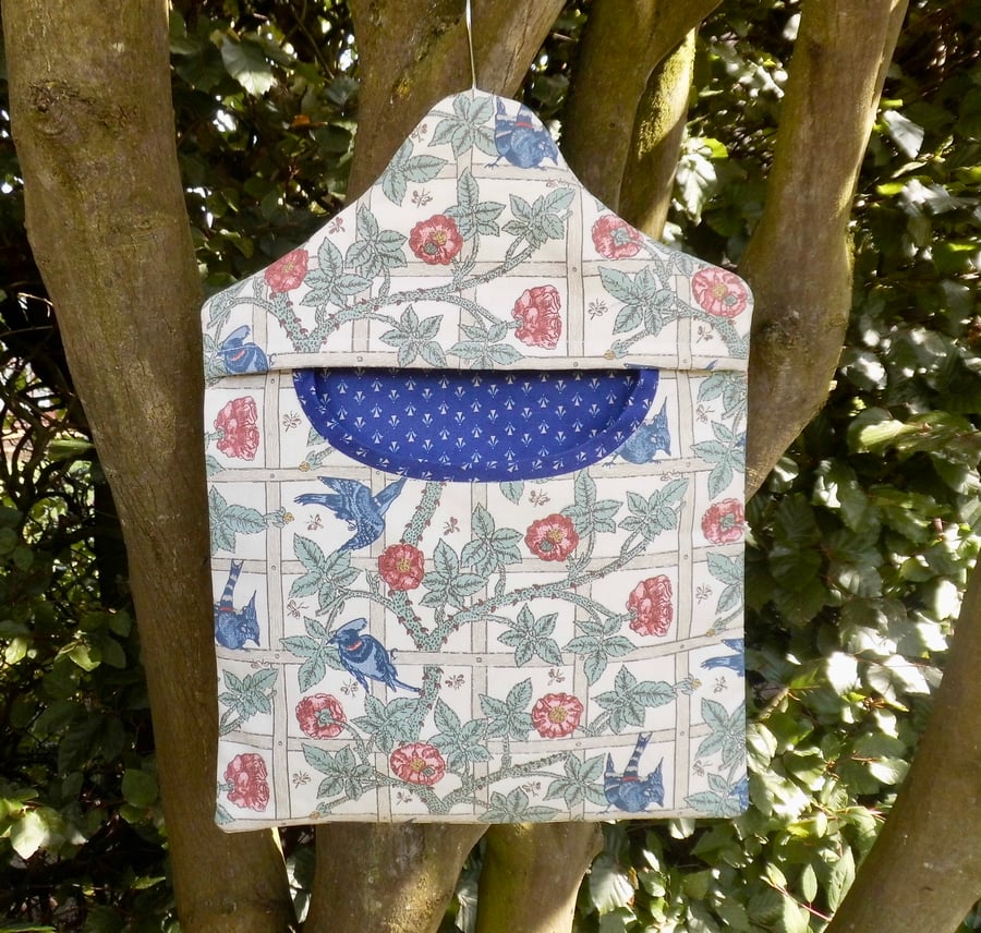 SOLD Peg bag in bird and trellis fabric William Morris with Laura Ashley lining