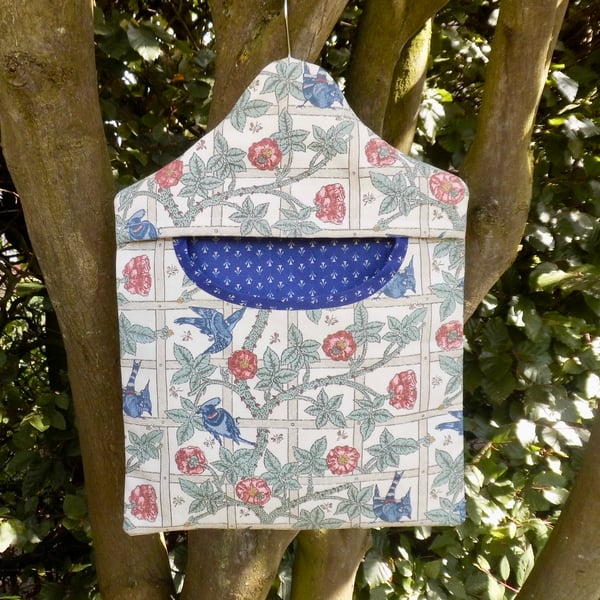 SOLD Peg bag in bird and trellis fabric William Morris with Laura Ashley lining