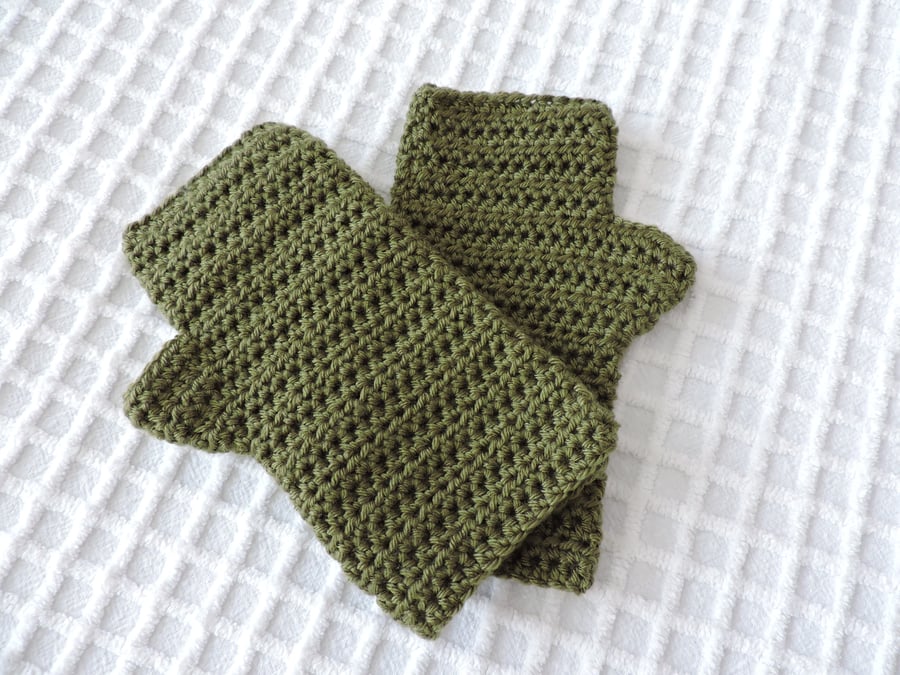 Crochet Fingerless Mittens Olive Green