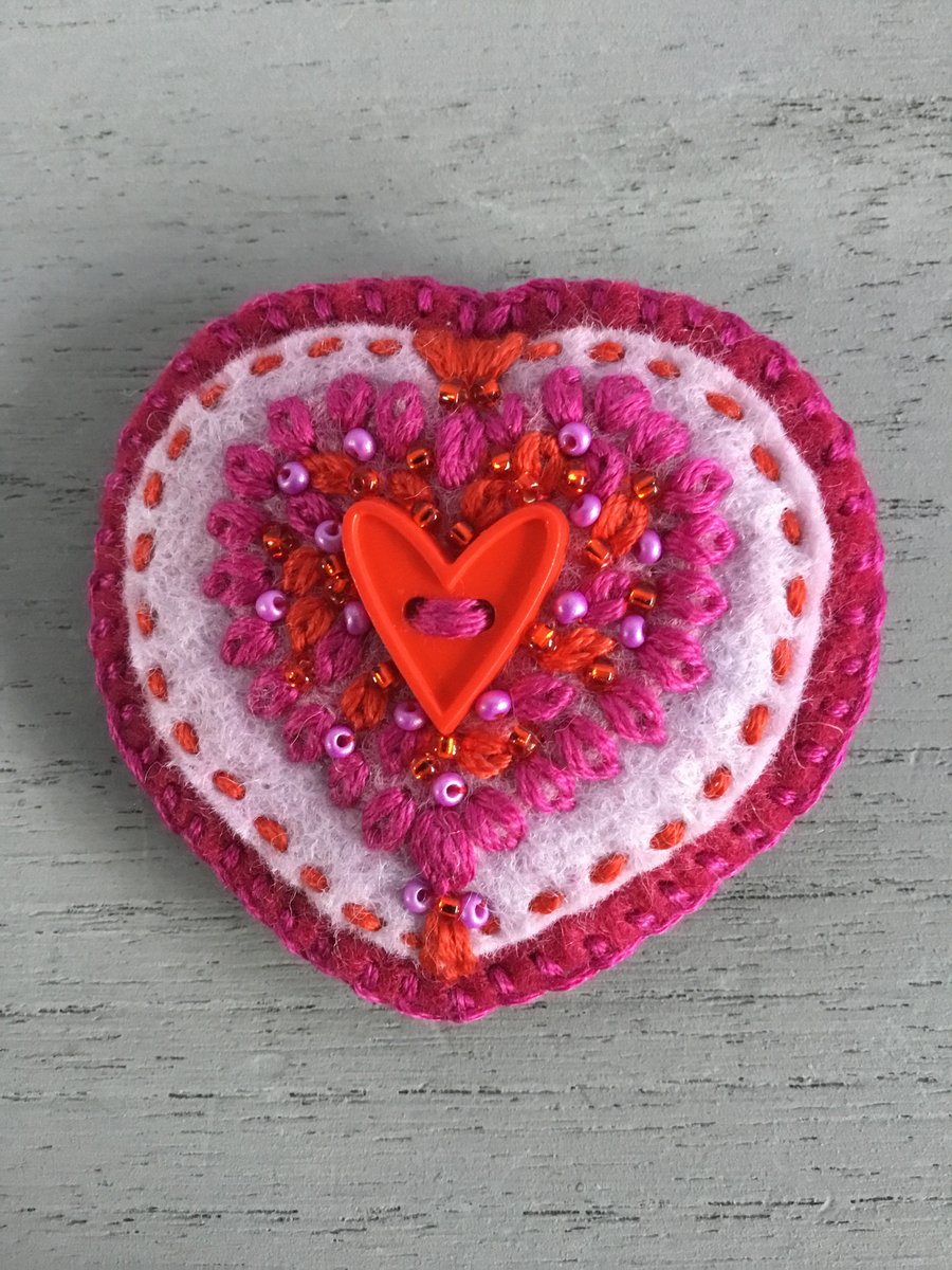 Hand Embroidered Ruby Red Heart Brooch 