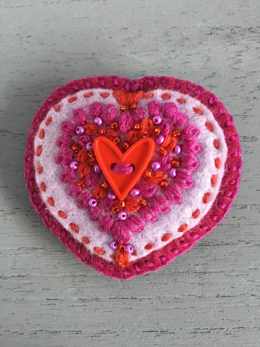 Hand Embroidered Ruby Heart Brooch 